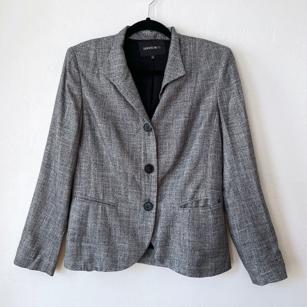 Lafayette‎ 148 Button Front Jacket Blazer Pockets Long Sleeve Black Women's 8